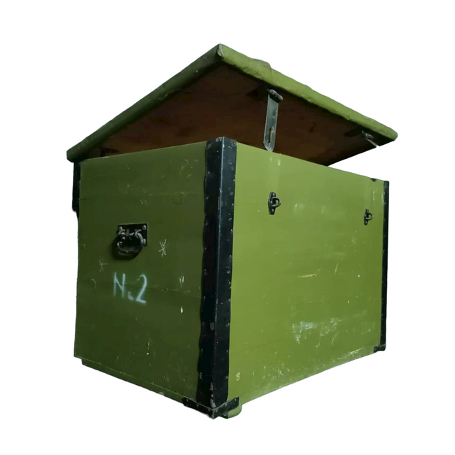 FÁBÓL KÉSZÜLT KATONAI TÁROLÓ LÁDA - ROMÁN HADSEREG TÖBBLET - NR.2 - 85 x 58 x 63 CM