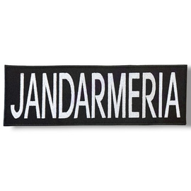 Emblemă "JANDARMERIA" spate, pe suport negru și aplicare tip Velcro (cu scai) - 24x8 cm