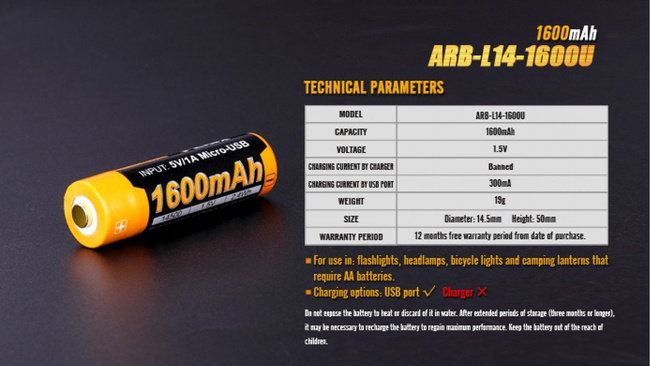 Fenix ​​14500 - 1600mAh - Micro USB akkumulátor - ARB neki 14-1600U