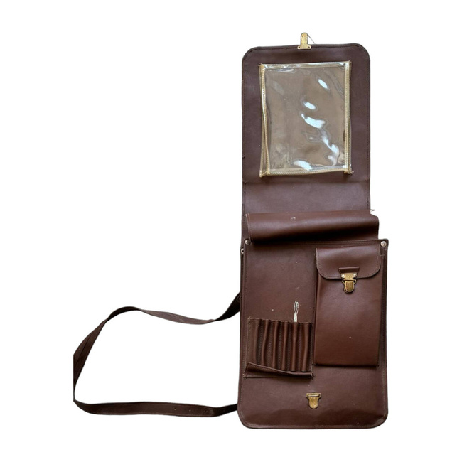 IMITATION LEATHER BAG WITH CONTENTS - MILITARY SURPLUS ROMANIAN ARMY - BROWN - IN GOOD CONDITION