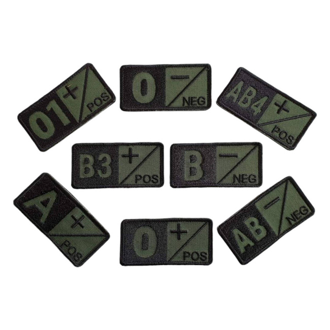 BLOOD GROUP badge B- embroidered on khaki backing with black thread - hook and loop application