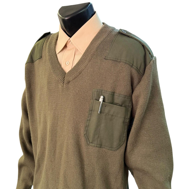V-Neck Sweater with Epaulettes - Romanian Army Military Surplus - OD Green - In Good Condition
