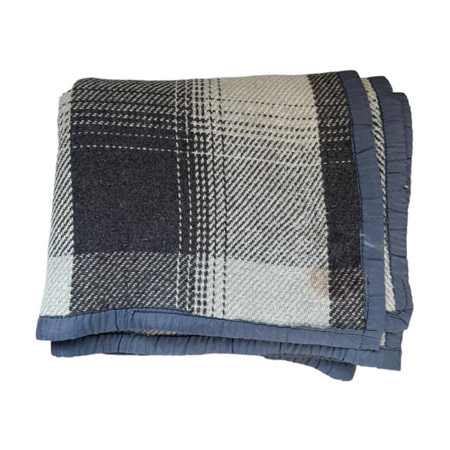 WOOL TARTAN BLANKET WHITE-BROWN PLAID - 140 x 200 CM - GENUINE MILITARY SURPLUS ROMANIAN ARMY - USED