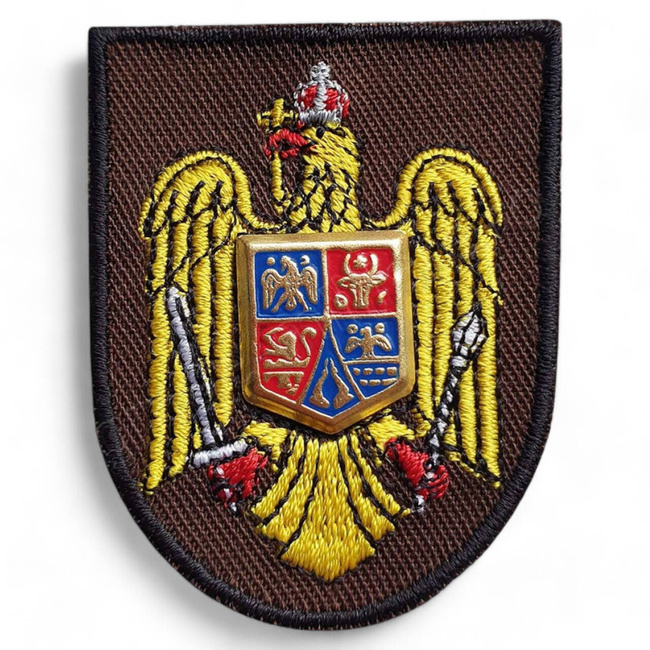 Emblem city helmet terrestrial forces | beret, cap, hat, beret - embroidered on brown background with black outline - With hook-and-loop fastening