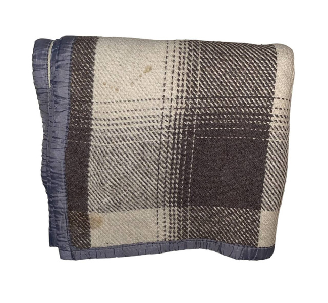 WOOL TARTAN BLANKET WHITE-BROWN PLAID - 140 x 200 CM - GENUINE MILITARY SURPLUS ROMANIAN ARMY - USED