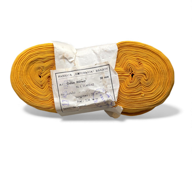 Hímzett selyem zsinór tekercs egyenruhákhoz - 1 m x 20 mm - Román Hadsereg katonai felesleg - Sárga - Újszerű