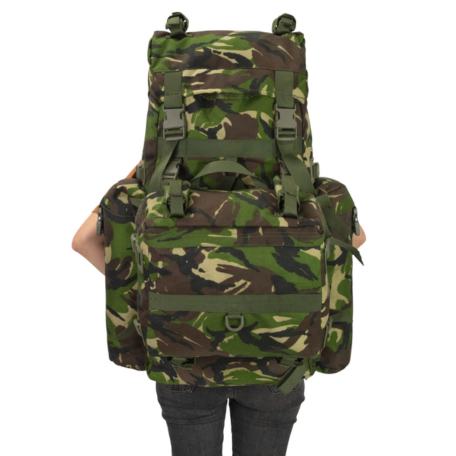 BIG MILITARY COMBAT BACKPACK WITH POCKET, DETACHABLE OUTER POUCH - MOTEXCO - 90L - MILITARY SURPLUS ROMANIAN ARMY - CAMOUFLAGE MOSAIC FOREST DPM - IN GOOD CONDITION
