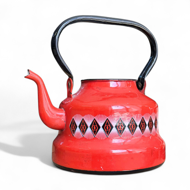ZOMÁNCOS TEAKANNA FEDŐ NÉLKÜL - VINTAGE - RUSZTIKUS MINTÁVAL - ROMÁN HADSEREG KATONAI FÖLÖSLEG - PIROS - JÓ ÁLLAPOTBAN