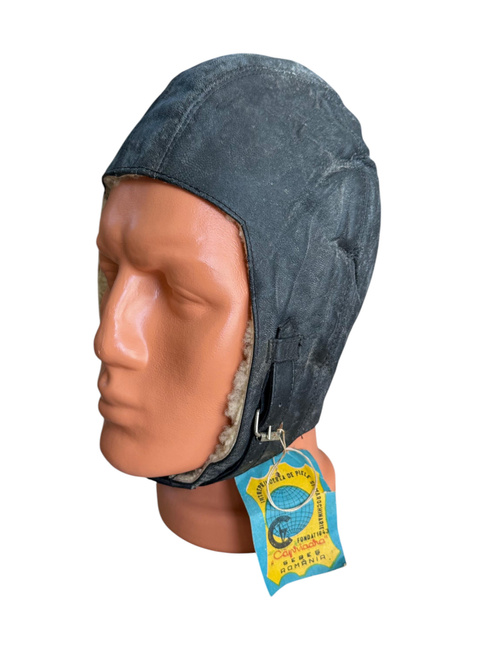 LEATHER AVIATOR HELMET - ROMANIAN ARMY MILITARY SURPLUS - BLACK - USED 