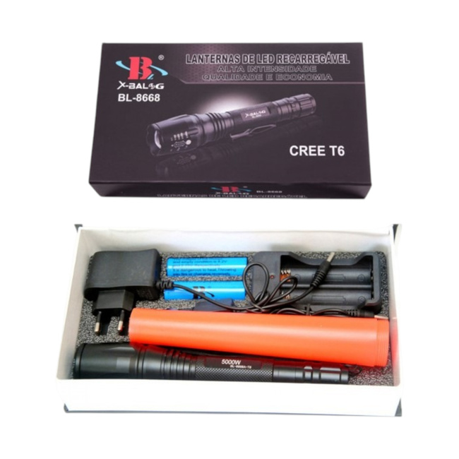 3W BL8668 LED zseblámpa – akkumulátorral, zoommal és jelzőfénnyel – Fekete