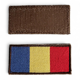 Emblema Steag Romania - 7 x 3,5 cm - Aplicare Velcro (cu scai) - Contur Maro Brodat