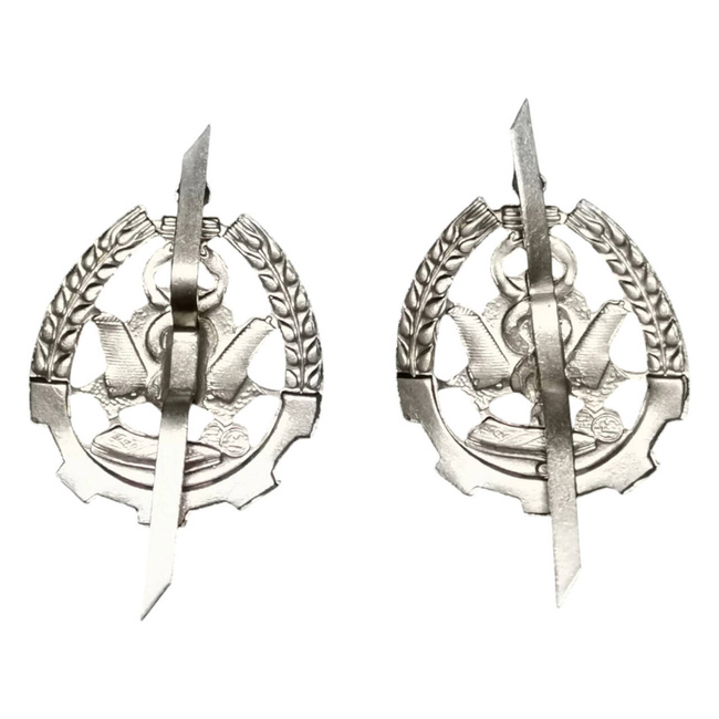 PAIR OF RANK INSIGNIA - QUARTERMASTER/ LOGISTICS 1701 - ROMANIAN ARMY MILITARY SURPLUS - SILVER - IN GOOD CONDITION