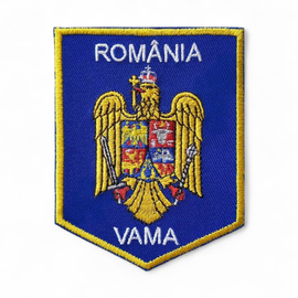 Emblema scut Vama - 8,5 x 6,5 cm - Suport Albastru Royal - Cu aplicare prin coasere