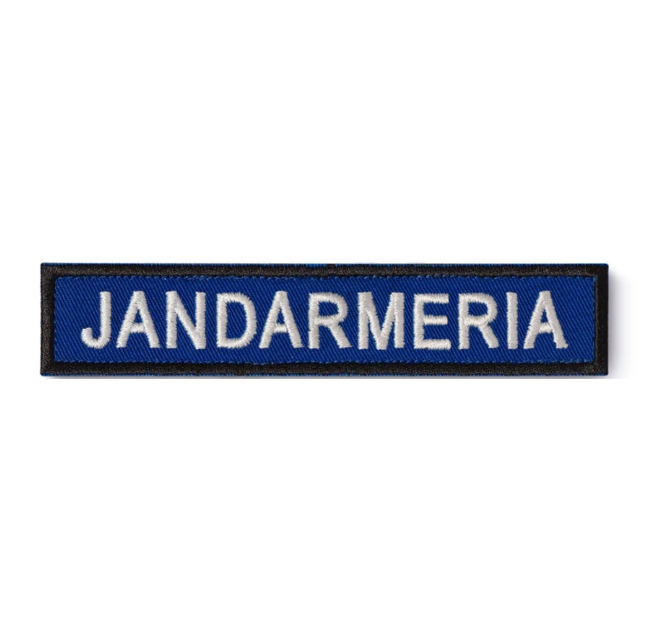 Ecuson "JANDARMERIA" piept, pe suport albastru royal și aplicare Velcro (cu scai)  - 11,5x2,5 cm