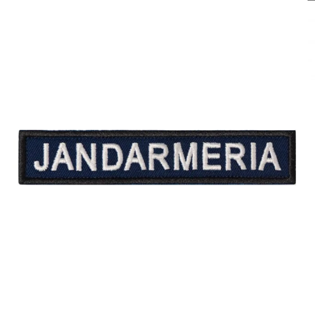 Ecuson "JANDARMERIA" piept, pe suport bleumarin și aplicare Velcro (cu scai) - 12,5x2,5 cm