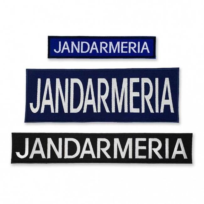 Emblemă "JANDARMERIA" spate, pe suport bleumarin și aplicare prin coasere - 28x10 cm